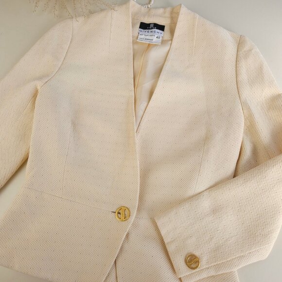 Vintage Givenchy collarless deep V neck blazer neutral cream, tailored jacket - Picture 15 of 16